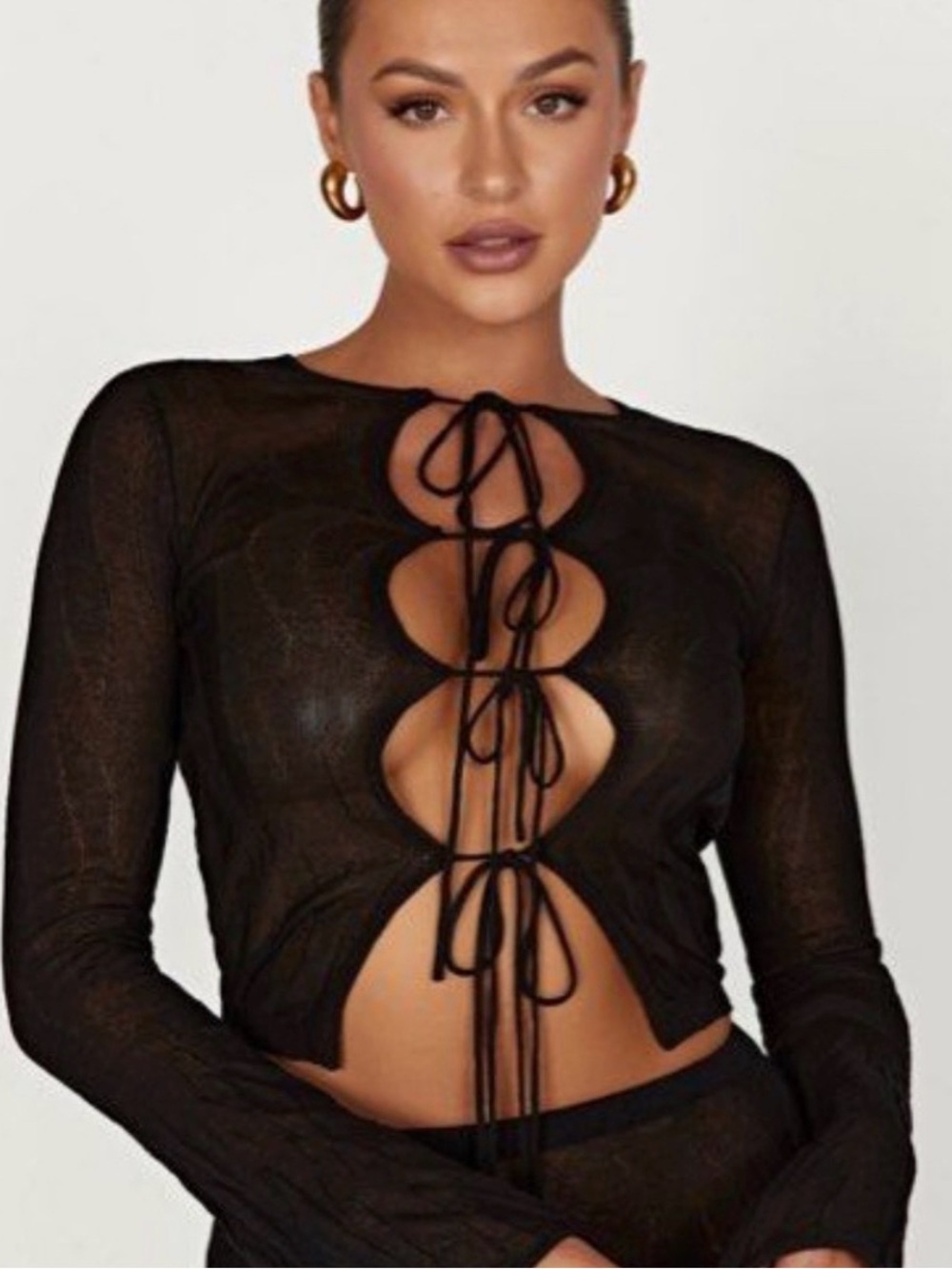Meshki Alari Flare Sleeve Top Black Tie-Front Sheer Long-Sleeve Size Medium